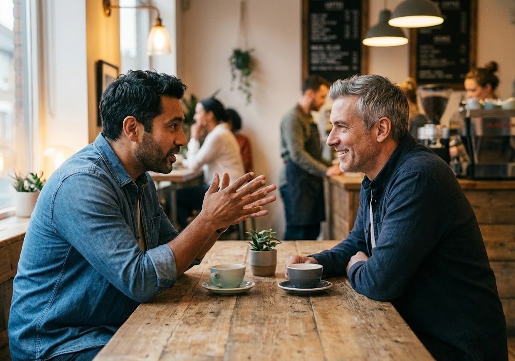 Two people having a friendly consultation conversation