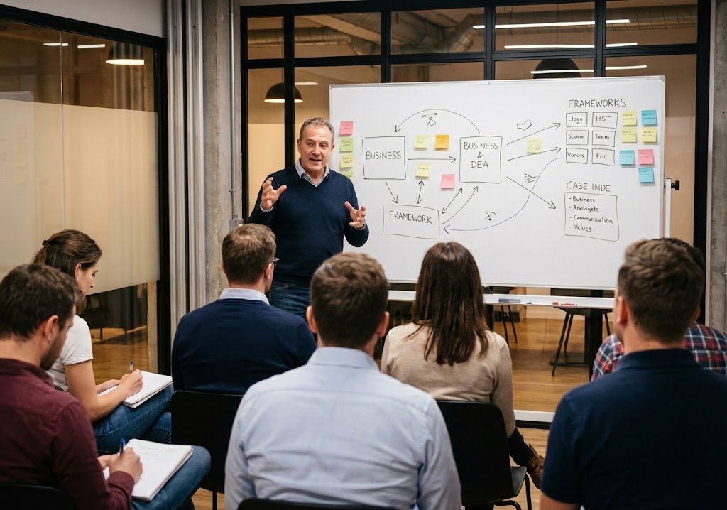 Workshop facilitator teaching practical business frameworks to engaged participants